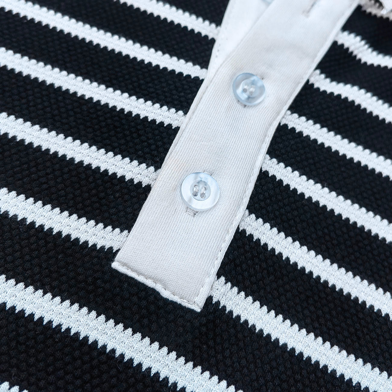 Black White Stripe Polo Shirt - Waffle Knit Collared Half Button HDK Badge Y2K Streetwear