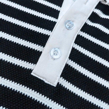 Black White Stripe Polo Shirt - Waffle Knit Collared Half Button HDK Badge Y2K Streetwear