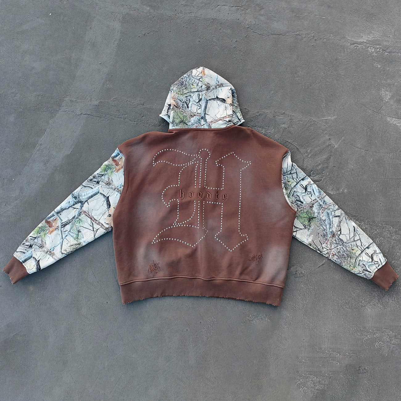 Camo Patchwork Zip Up Hoodie - Brown 03 Number Studded Distressed Y2K Streetwear