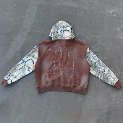 Camo Patchwork Zip Up Hoodie - Brown 03 Number Studded Distressed Y2K Streetwear