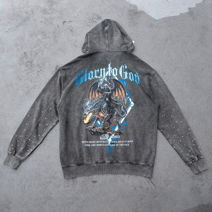Holy Glory Rhinestone Hoodie - Dark Gray Acid Wash Grim Reaper Wolf Print Studded Y2K Streetwear