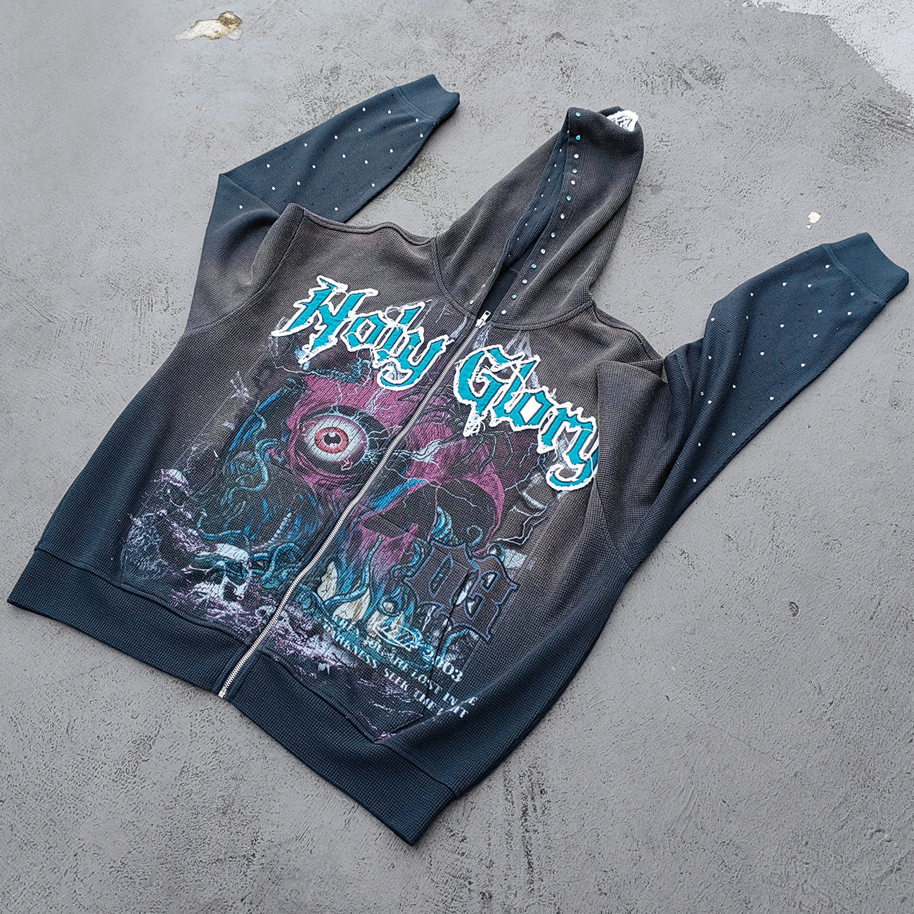 Holy Glory Rhinestone Zip Up Hoodie - Gray Navy Gradient Skull Eye Octopus Print Studded Y2K Streetwear