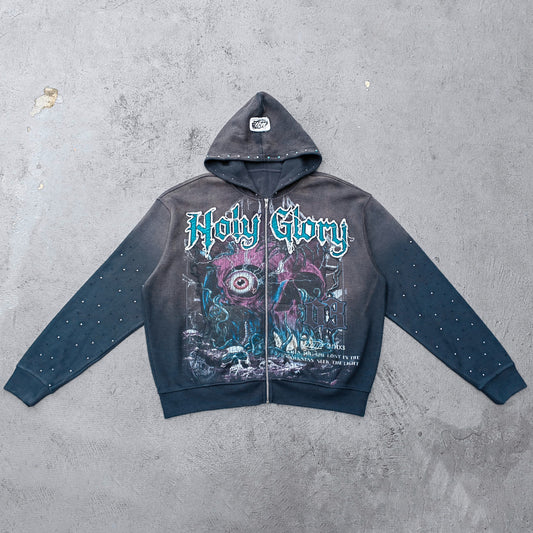 Holy Glory Rhinestone Zip Up Hoodie - Gray Navy Gradient Skull Eye Octopus Print Studded Y2K Streetwear