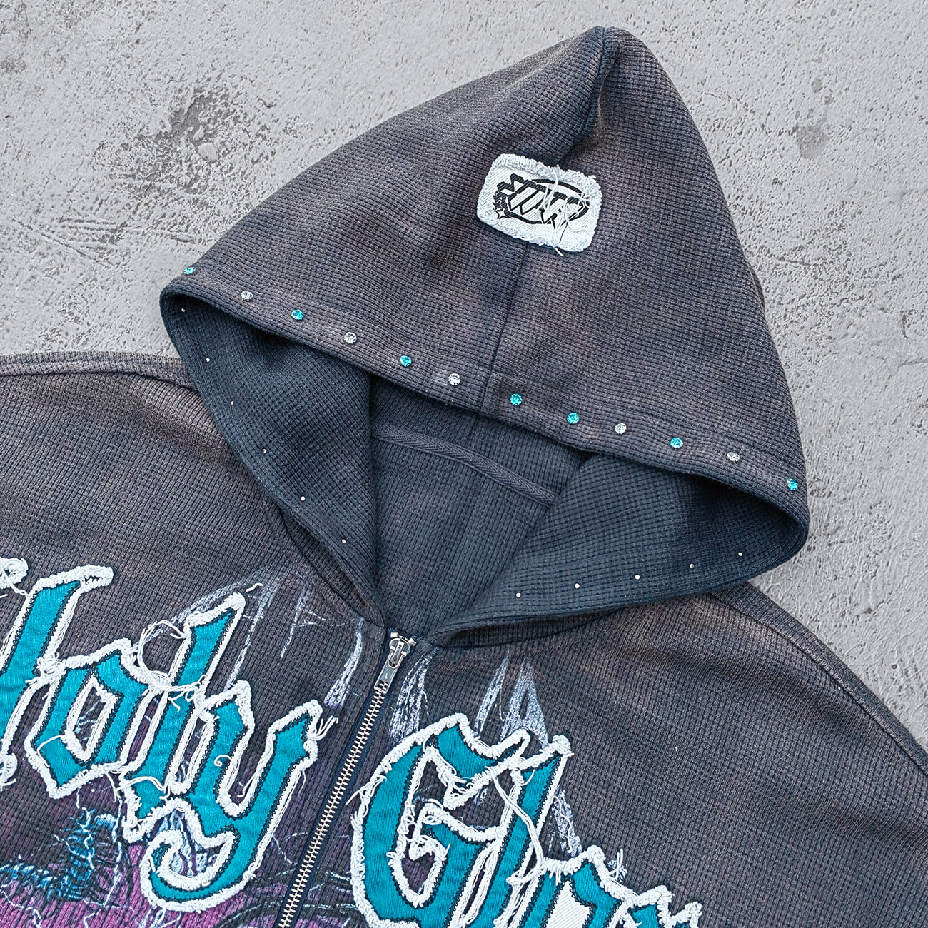 Holy Glory Rhinestone Zip Up Hoodie - Gray Navy Gradient Skull Eye Octopus Print Studded Y2K Streetwear