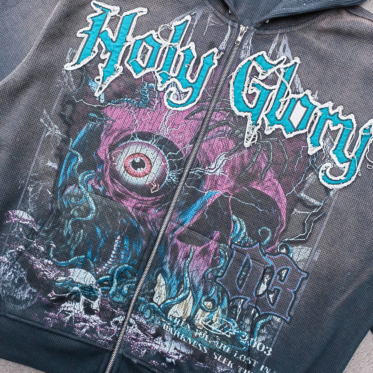 Holy Glory Rhinestone Zip Up Hoodie - Gray Navy Gradient Skull Eye Octopus Print Studded Y2K Streetwear
