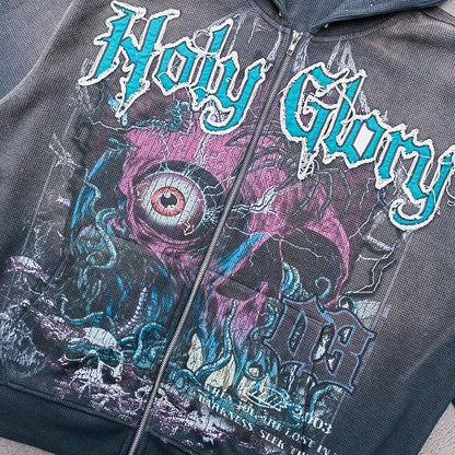 Holy Glory Rhinestone Zip Up Hoodie - Gray Navy Gradient Skull Eye Octopus Print Studded Y2K Streetwear