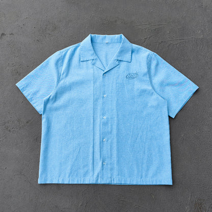 Light Blue Chambray Shirt - HDK Embroidered Half Zip / Camp Collar Y2K Streetwear