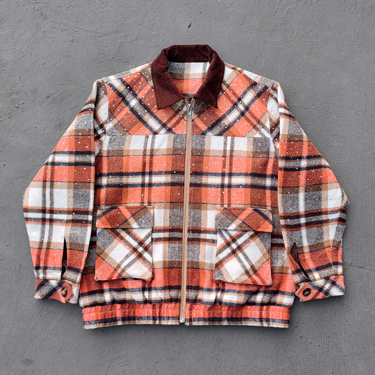 Rhinestone Plaid Jacket - Corduroy Collar Orange Zip Up Y2K Utility Streetwear