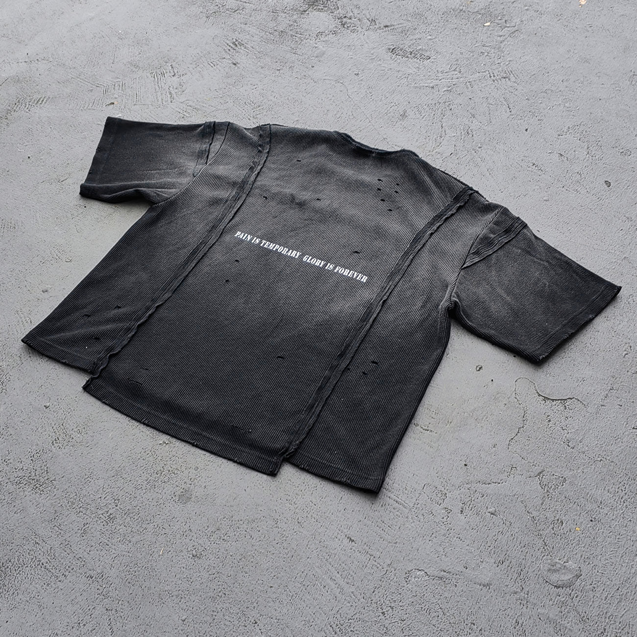 HOLY GLORY ENERGY Football Jersey Tee - Black White Waffle Knit Distressed Ripped Asymmetric Hem Y2K Streetwear