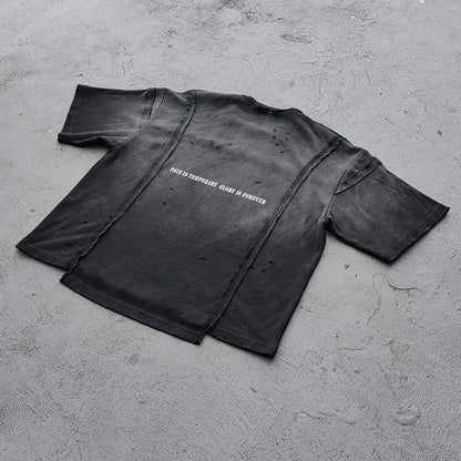 HOLY GLORY ENERGY Football Jersey Tee - Black White Waffle Knit Distressed Ripped Asymmetric Hem Y2K Streetwear