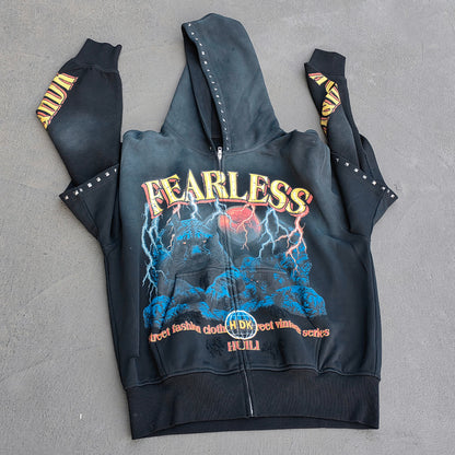 FEARLESS Panther Zip Hoodie - Studded Fake Two-Piece Black Wash Y2K Streetwear
