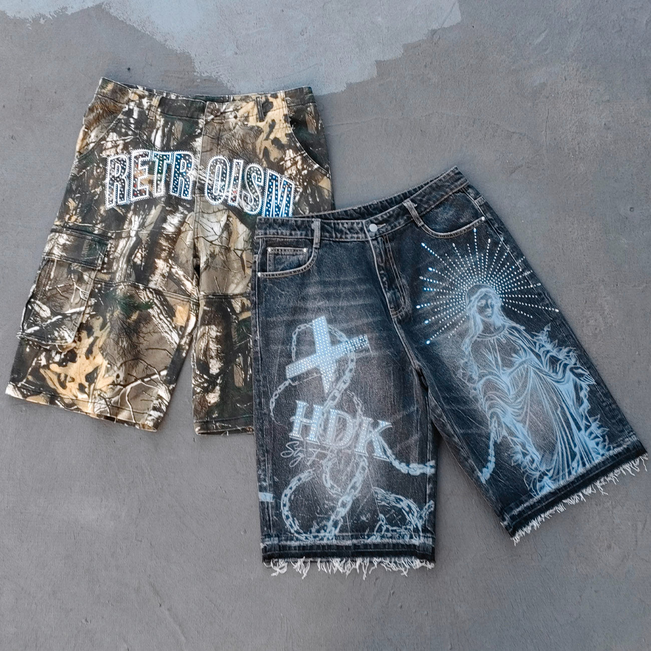 Tree Camo Cargo Shorts - Rhinestone Letter Y2K Baggy Streetwear