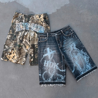 Tree Camo Cargo Shorts - Rhinestone Letter Y2K Baggy Streetwear
