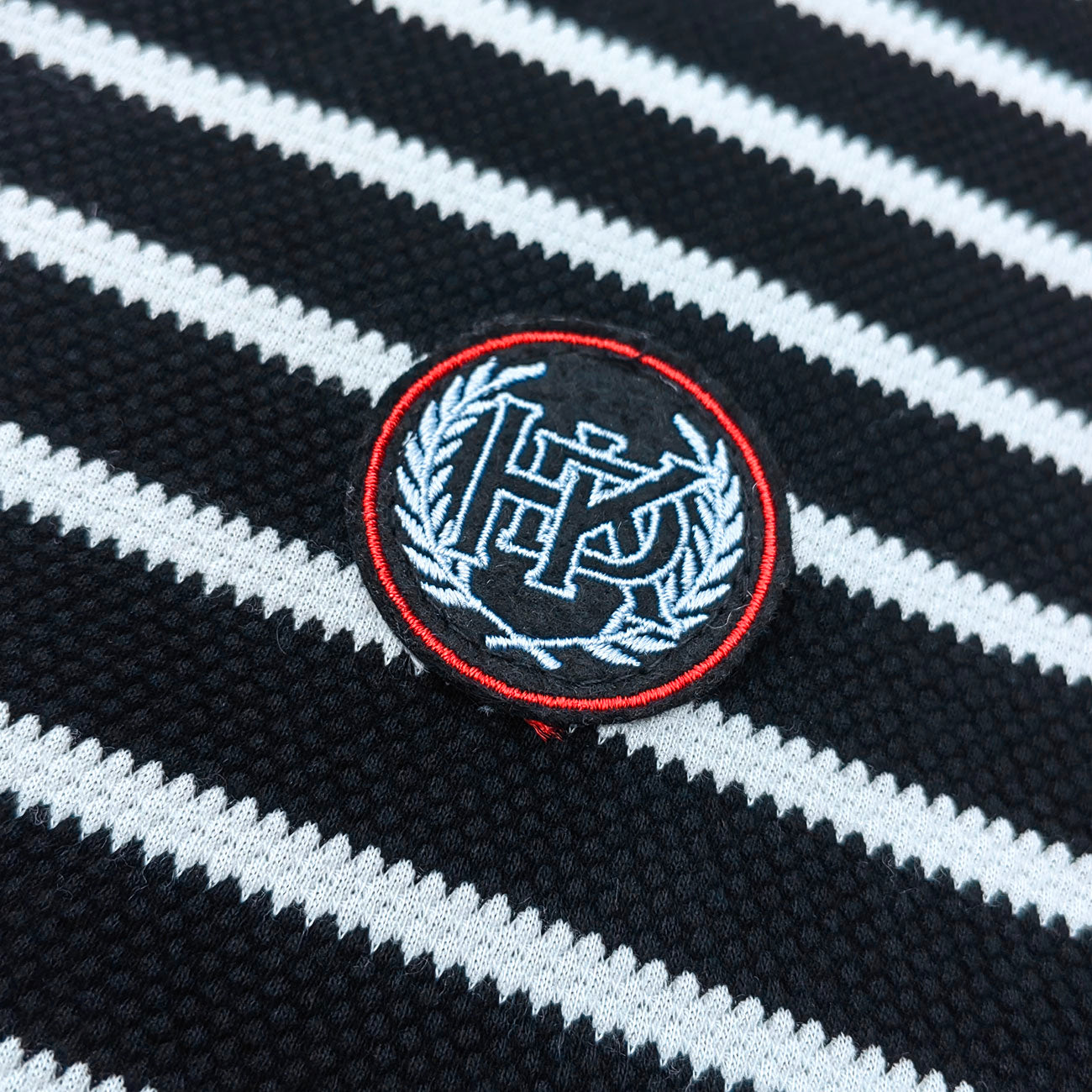 Black White Stripe Polo Shirt - Waffle Knit Collared Half Button HDK Badge Y2K Streetwear