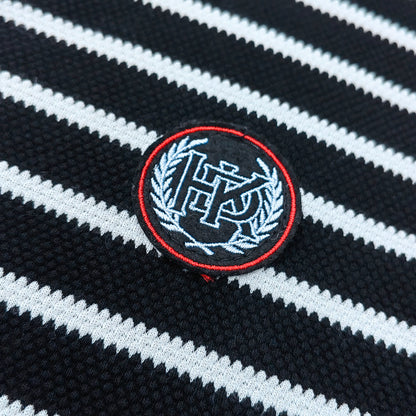 Black White Stripe Polo Shirt - Waffle Knit Collared Half Button HDK Badge Y2K Streetwear