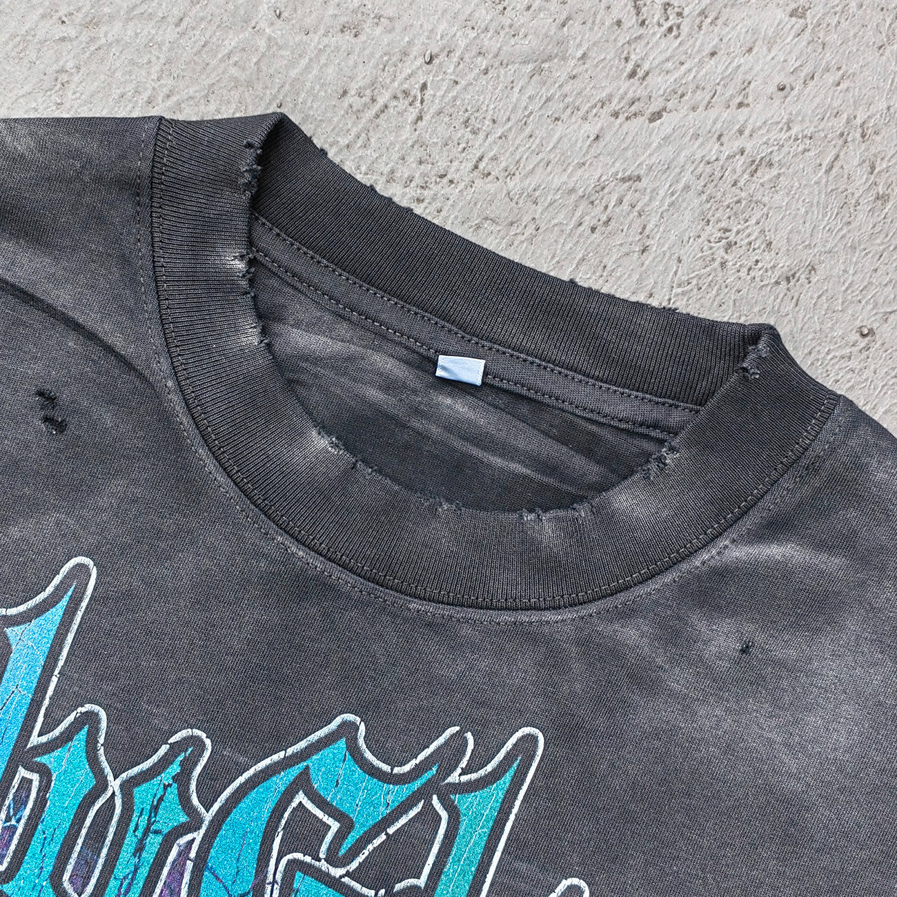 Y2K Dark Graphic Tee - Black Acid Wash Holy Glory Skull Print Ripped Oversized Gothic Streetwear