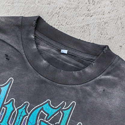 Y2K Dark Graphic Tee - Black Acid Wash Holy Glory Skull Print Ripped Oversized Gothic Streetwear