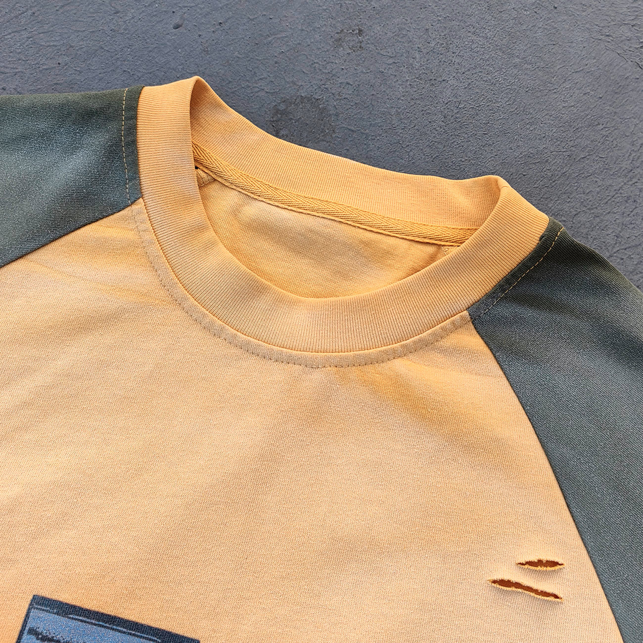 Graffiti Print Raglan Long Sleeve - Yellow Olive Color Block Ripped Y2K Streetwear