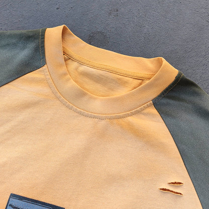 Graffiti Print Raglan Long Sleeve - Yellow Olive Color Block Ripped Y2K Streetwear