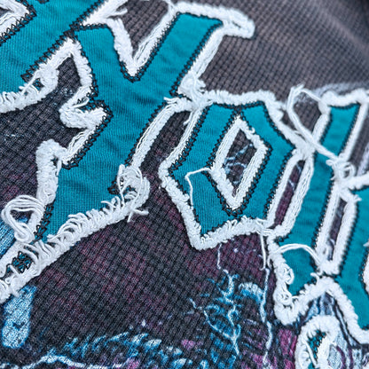 Holy Glory Rhinestone Zip Up Hoodie - Gray Navy Gradient Skull Eye Octopus Print Studded Y2K Streetwear