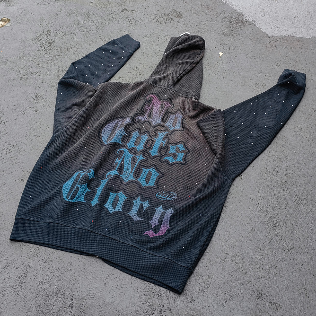 Holy Glory Rhinestone Zip Up Hoodie - Gray Navy Gradient Skull Eye Octopus Print Studded Y2K Streetwear