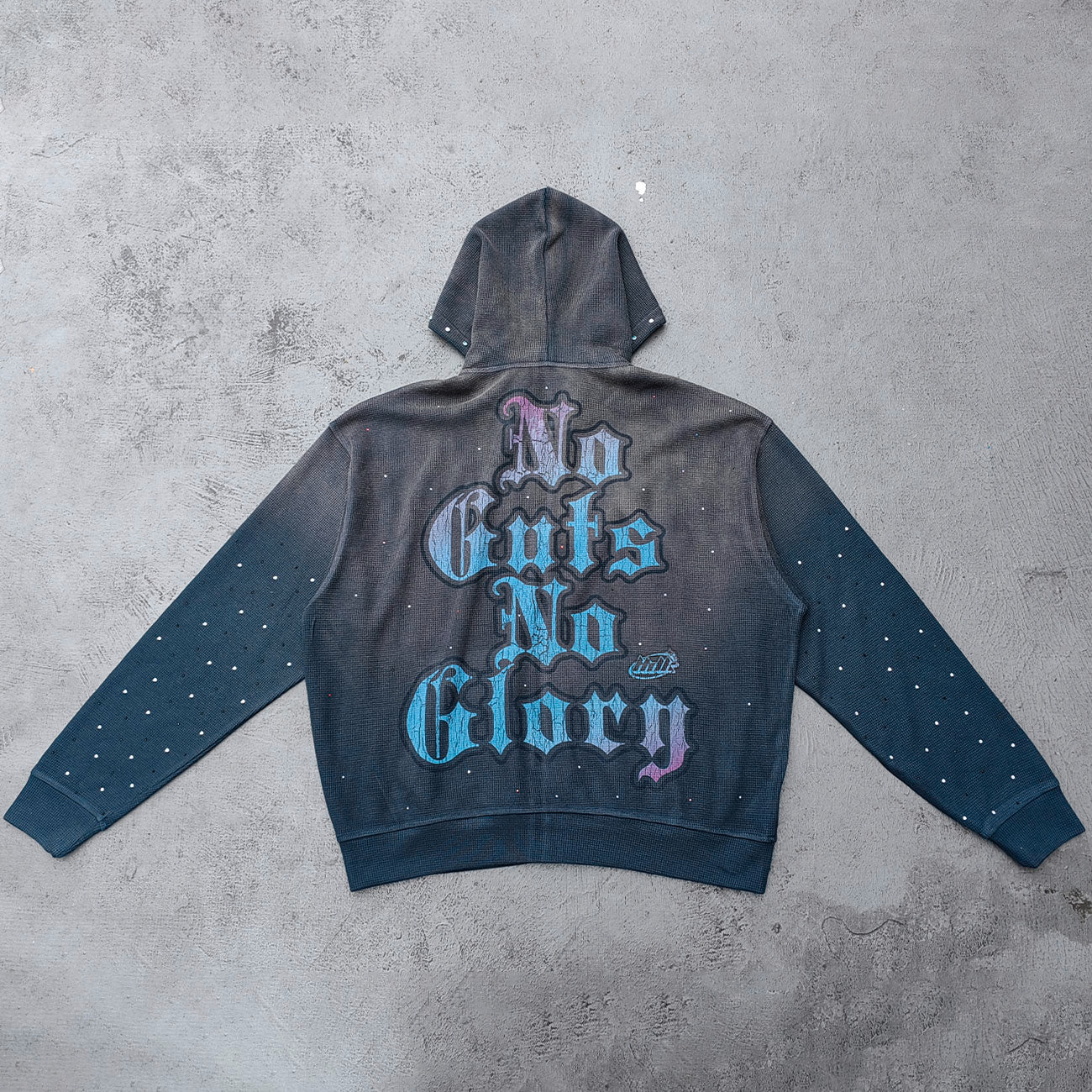 Holy Glory Rhinestone Zip Up Hoodie - Gray Navy Gradient Skull Eye Octopus Print Studded Y2K Streetwear