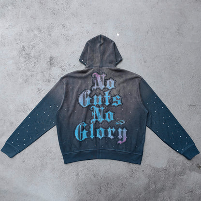 Holy Glory Rhinestone Zip Up Hoodie - Gray Navy Gradient Skull Eye Octopus Print Studded Y2K Streetwear