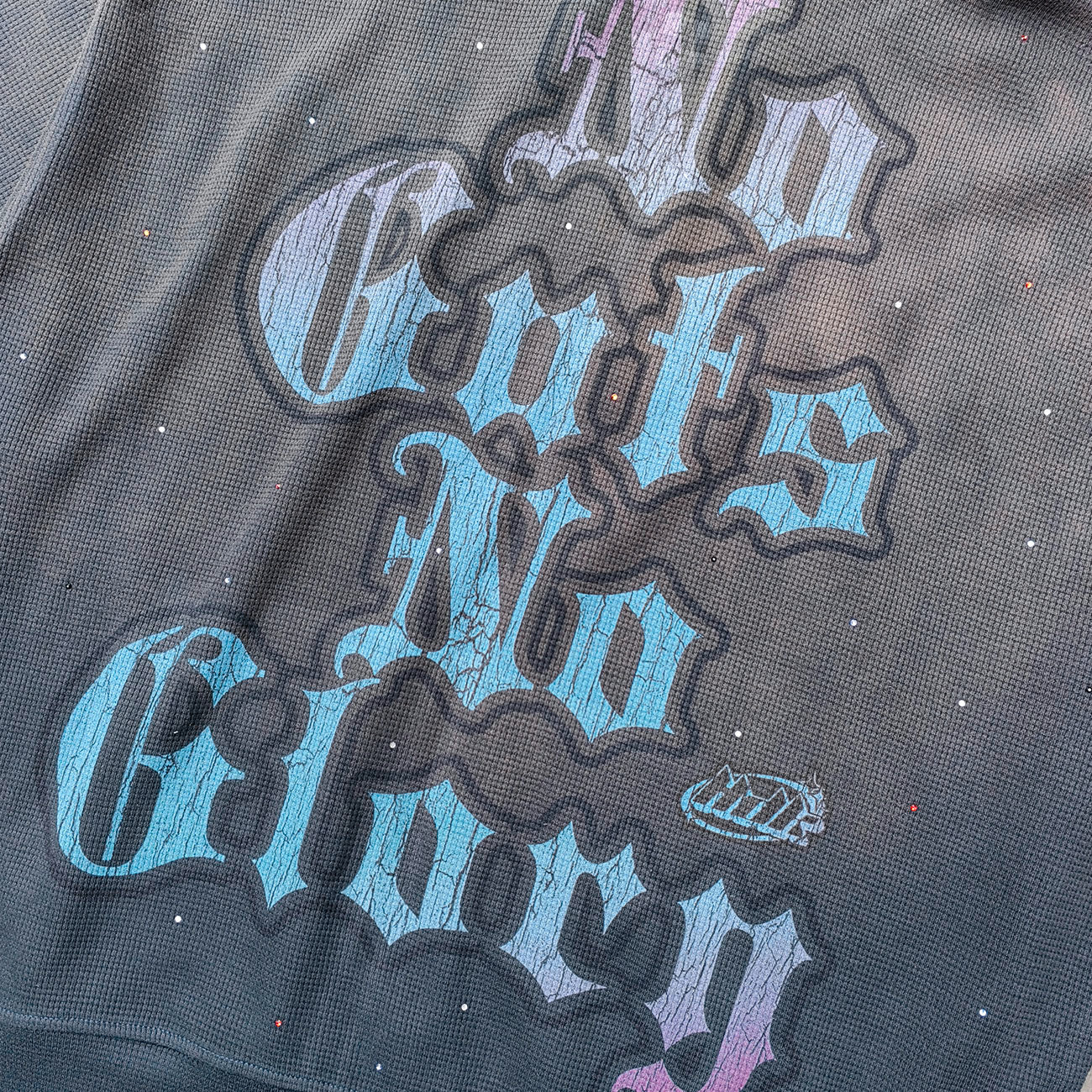 Holy Glory Rhinestone Zip Up Hoodie - Gray Navy Gradient Skull Eye Octopus Print Studded Y2K Streetwear
