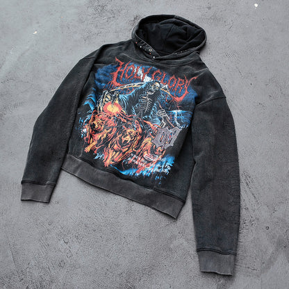 Holy Glory Rhinestone Hoodie - Black Acid Wash Grim Reaper Scythe Hellhound Print Studded Y2K Streetwear