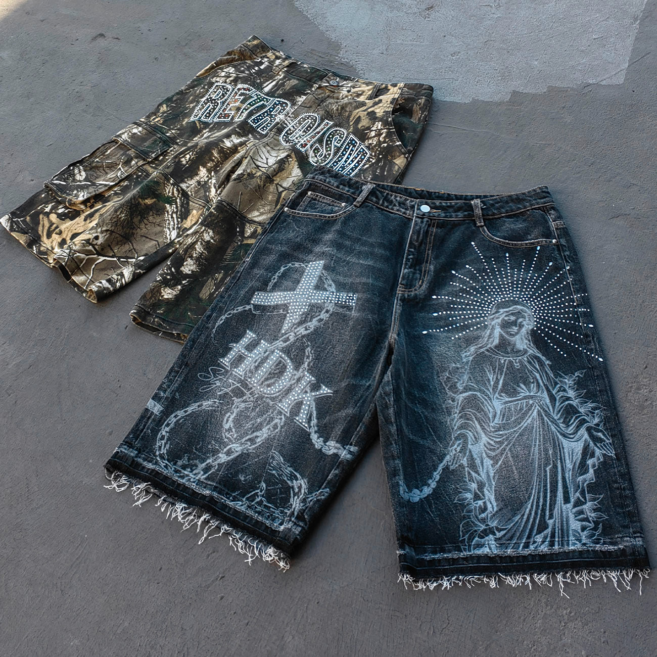 Tree Camo Cargo Shorts - Rhinestone Letter Y2K Baggy Streetwear