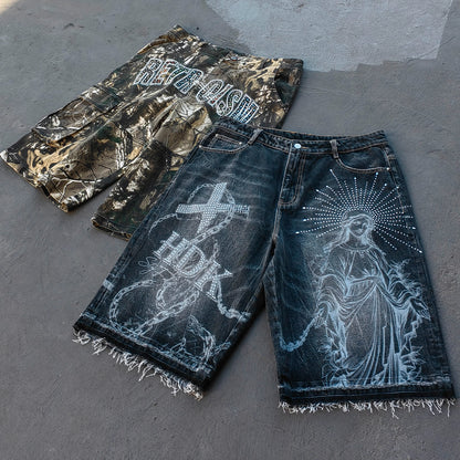 Tree Camo Cargo Shorts - Rhinestone Letter Y2K Baggy Streetwear
