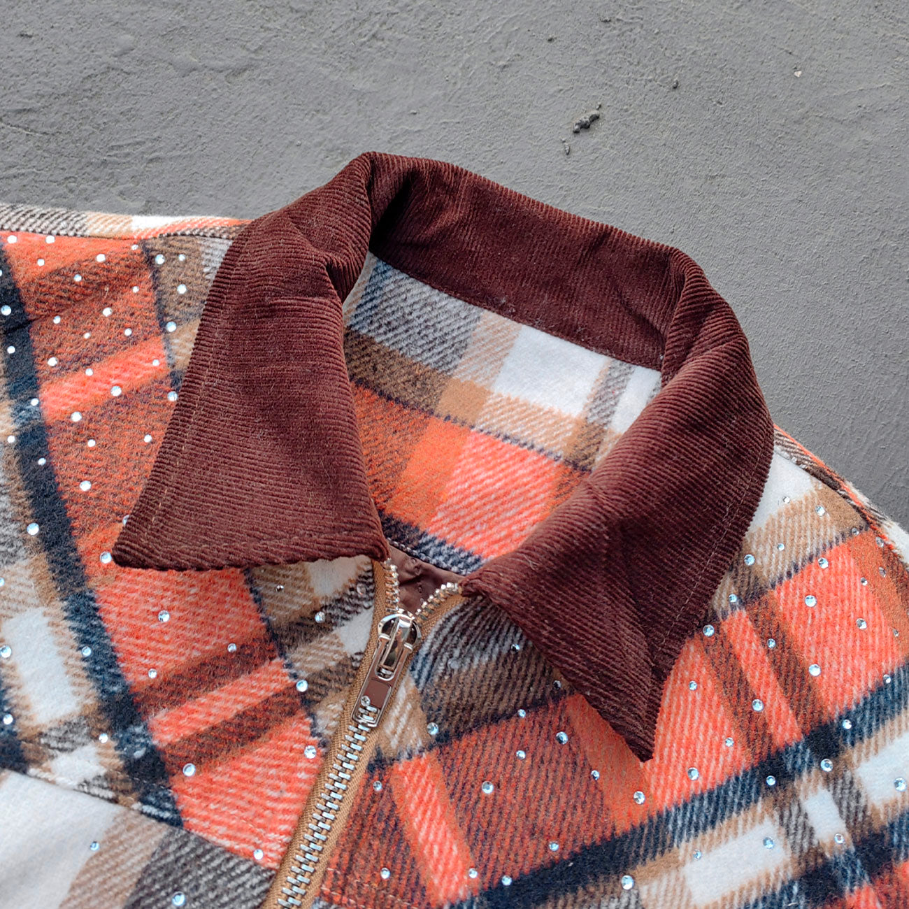 Rhinestone Plaid Jacket - Corduroy Collar Orange Zip Up Y2K Utility Streetwear