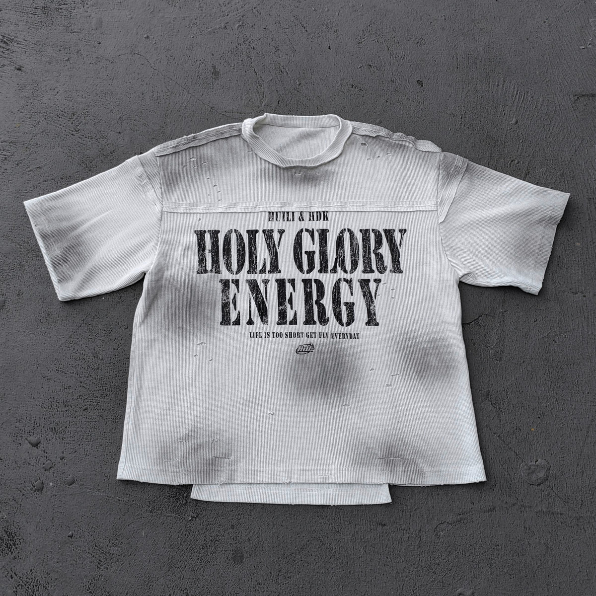 HOLY GLORY ENERGY Football Jersey Tee - Black White Waffle Knit Distressed Ripped Asymmetric Hem Y2K Streetwear