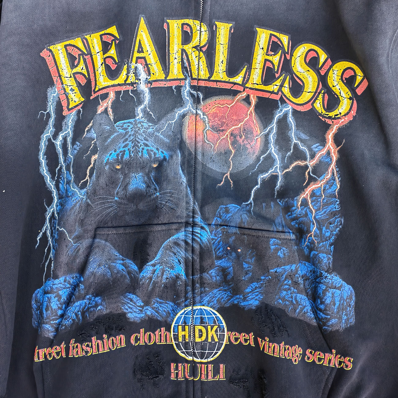 FEARLESS Panther Zip Hoodie - Studded Fake Two-Piece Black Wash Y2K Streetwear