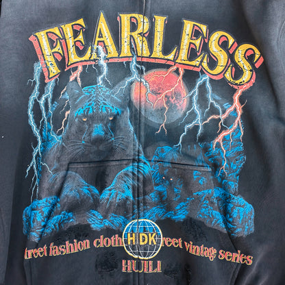 FEARLESS Panther Zip Hoodie - Studded Fake Two-Piece Black Wash Y2K Streetwear