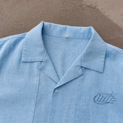 Light Blue Chambray Shirt - HDK Embroidered Half Zip / Camp Collar Y2K Streetwear