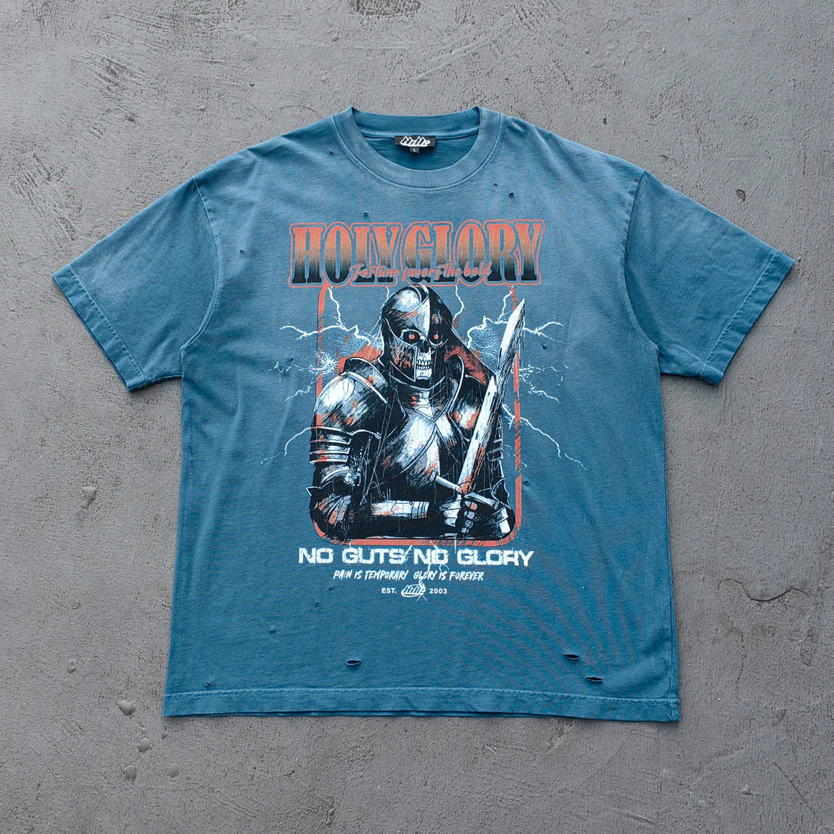 Holy Glory Graphic Tee - Slate Blue Acid Wash Skeleton Knight Lightning Distressed Ripped Y2K Streetwear