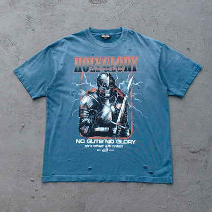Holy Glory Graphic Tee - Slate Blue Acid Wash Skeleton Knight Lightning Distressed Ripped Y2K Streetwear