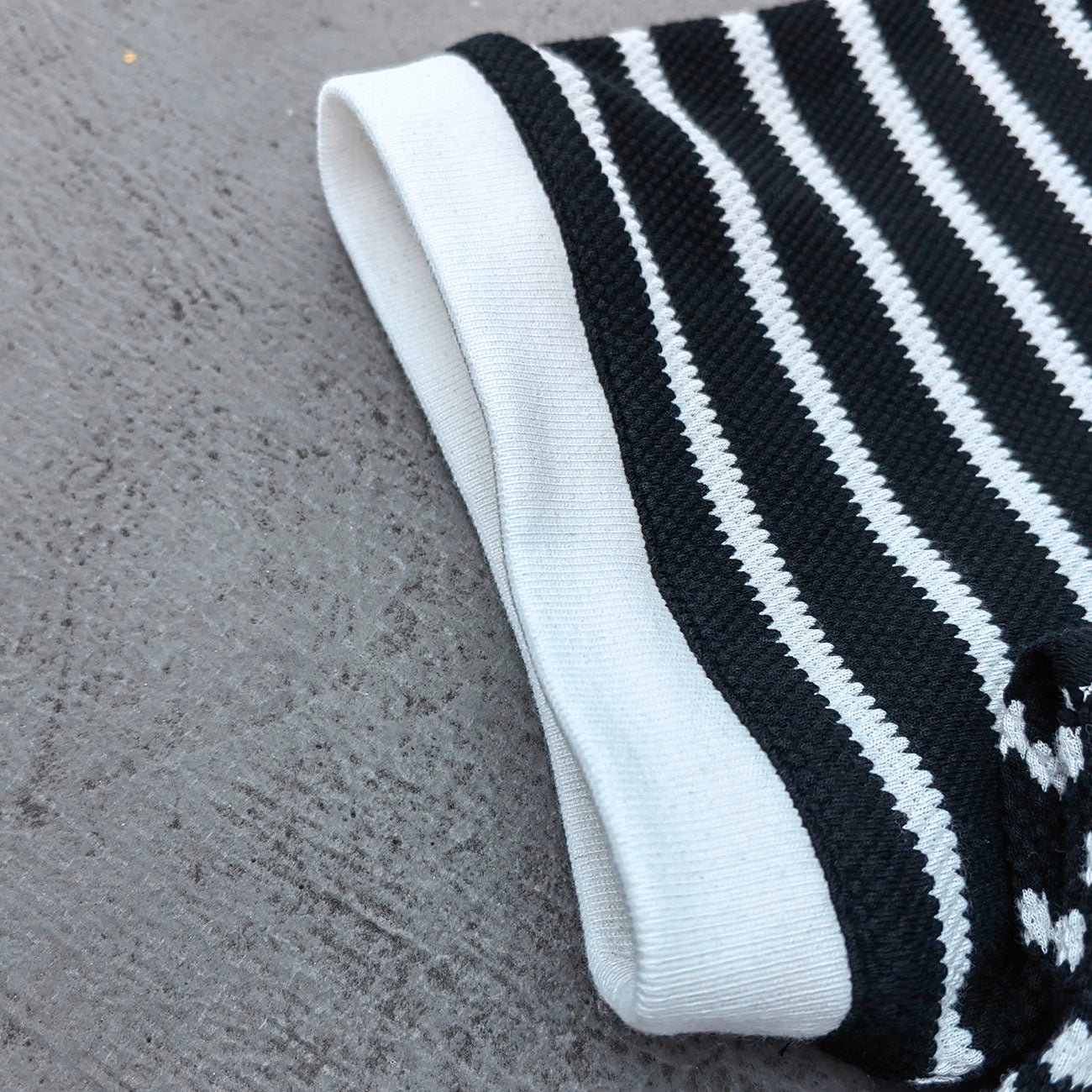 Black White Stripe Polo Shirt - Waffle Knit Collared Half Button HDK Badge Y2K Streetwear