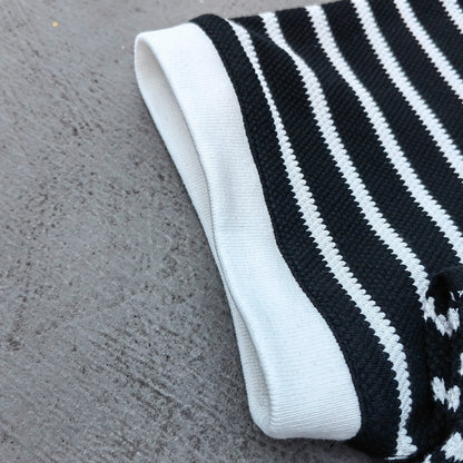 Black White Stripe Polo Shirt - Waffle Knit Collared Half Button HDK Badge Y2K Streetwear