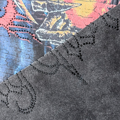 Holy Glory Rhinestone Hoodie - Black Acid Wash Grim Reaper Scythe Hellhound Print Studded Y2K Streetwear