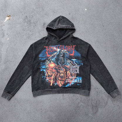 Holy Glory Rhinestone Hoodie - Black Acid Wash Grim Reaper Scythe Hellhound Print Studded Y2K Streetwear