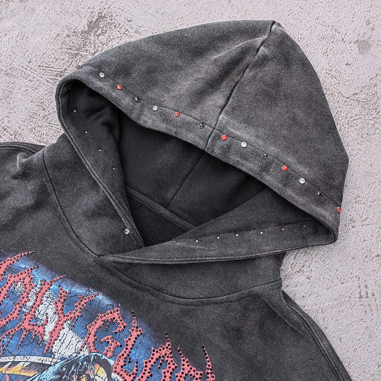 Holy Glory Rhinestone Hoodie - Black Acid Wash Grim Reaper Scythe Hellhound Print Studded Y2K Streetwear