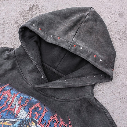 Holy Glory Rhinestone Hoodie - Black Acid Wash Grim Reaper Scythe Hellhound Print Studded Y2K Streetwear
