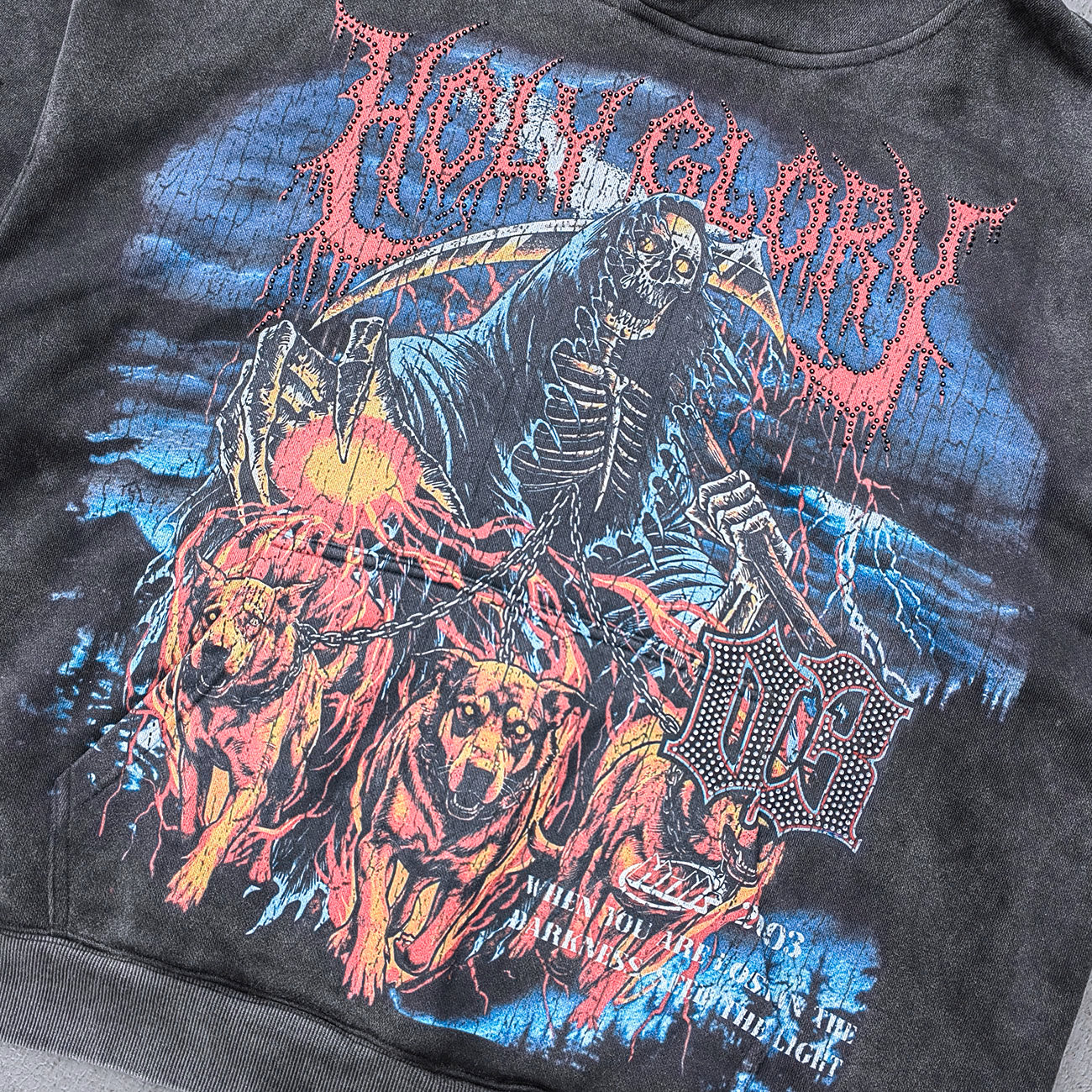 Holy Glory Rhinestone Hoodie - Black Acid Wash Grim Reaper Scythe Hellhound Print Studded Y2K Streetwear