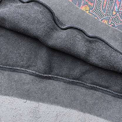 Holy Glory Rhinestone Hoodie - Black Acid Wash Grim Reaper Scythe Hellhound Print Studded Y2K Streetwear