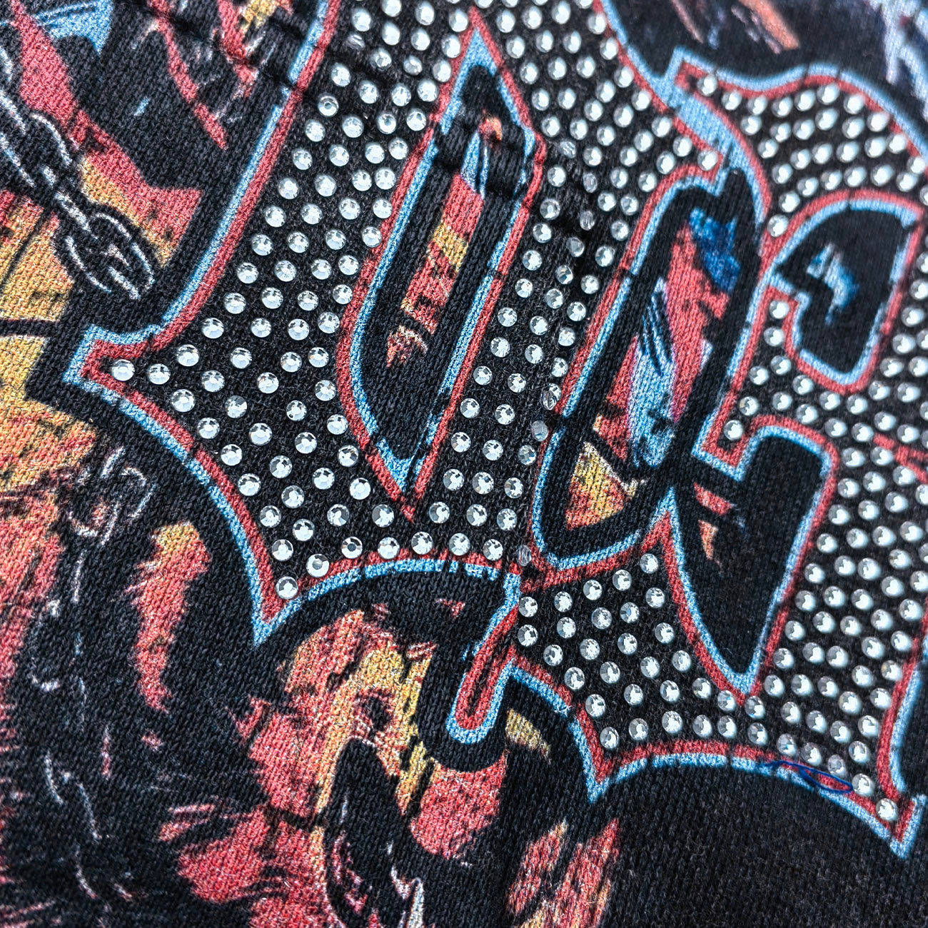 Holy Glory Rhinestone Hoodie - Black Acid Wash Grim Reaper Scythe Hellhound Print Studded Y2K Streetwear