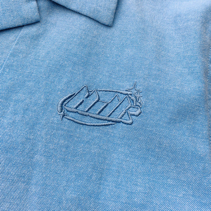 Light Blue Chambray Shirt - HDK Embroidered Half Zip / Camp Collar Y2K Streetwear