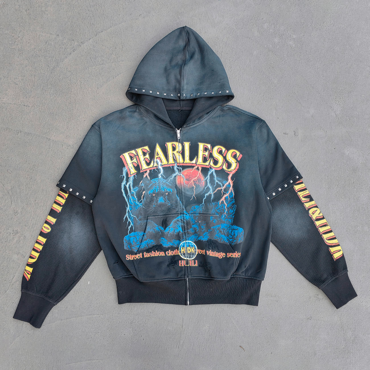 FEARLESS Panther Zip Hoodie - Studded Fake Two-Piece Black Wash Y2K Streetwear