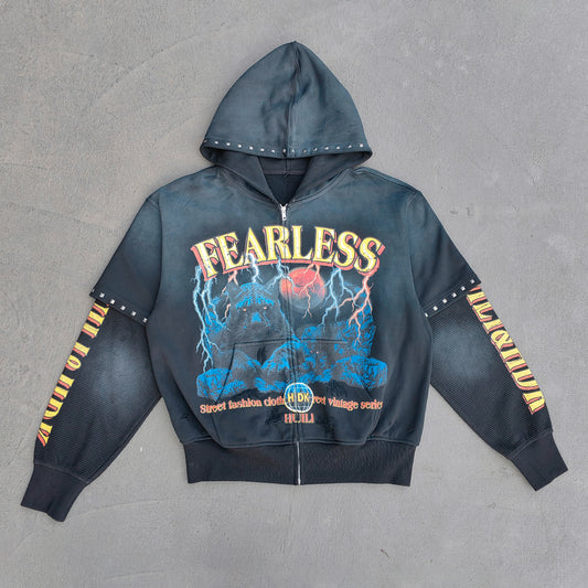 FEARLESS Panther Zip Hoodie - Studded Fake Two-Piece Black Wash Y2K Streetwear